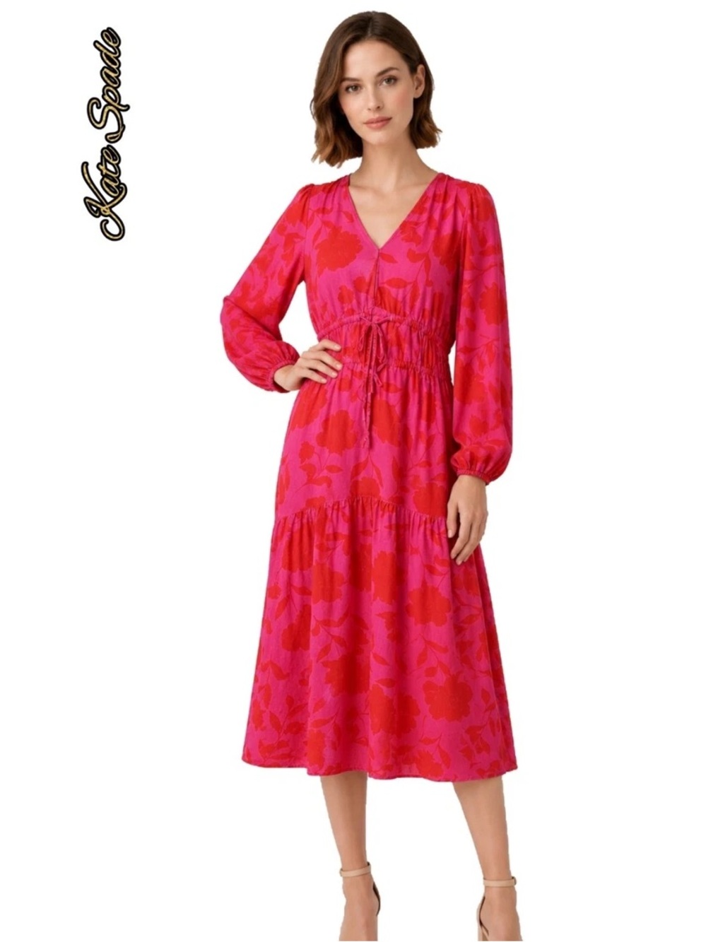 kate spade Pink & Fuchsia Floral V-Neck Long Sleeve Midi Dress